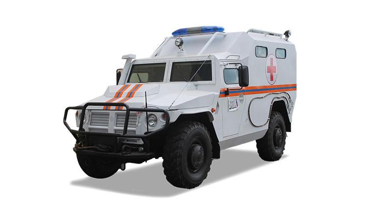 Armoured ambulance. The red striped armoured ambulance.